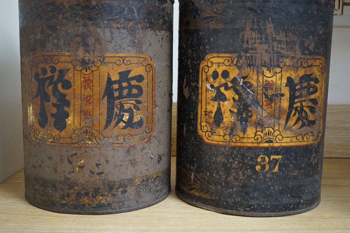 Two painted tin tea caddies, 43cm high. Condition - poor
